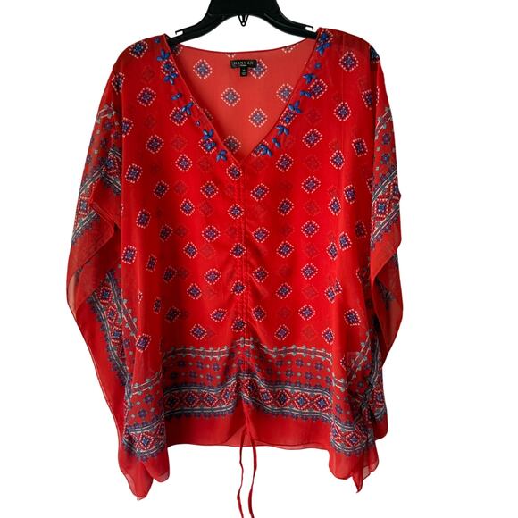 Hannah Woman Red Sheer Embroidered‎ Kaftan Blouse – Size 1X Boho Lightweight - Picture 1 of 8